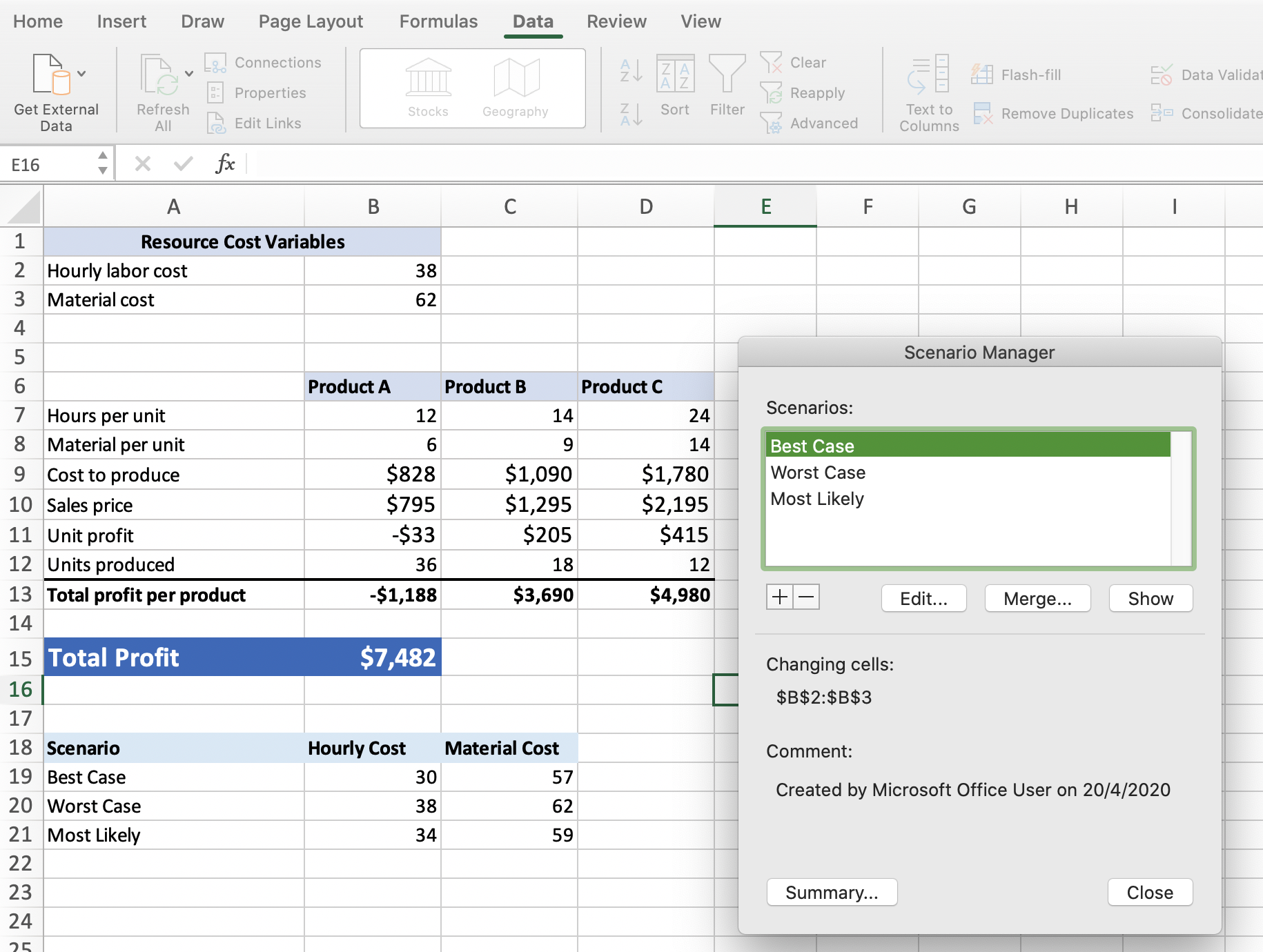 What-If Analysis: Scenario Manager