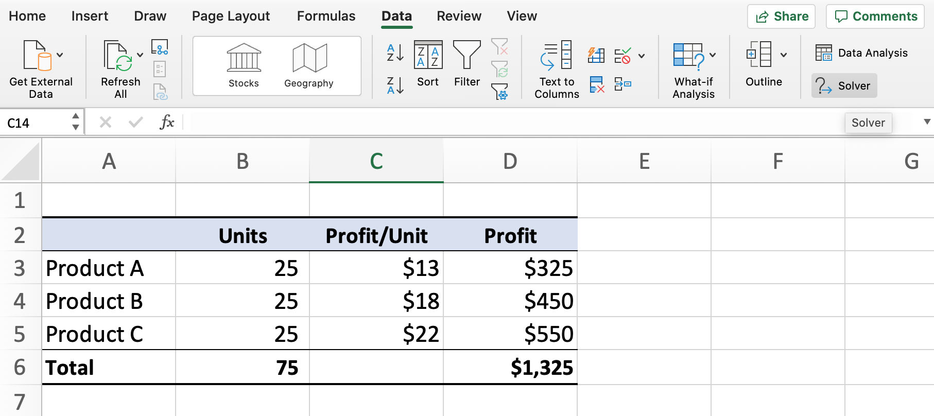 Data Analysis: Solver