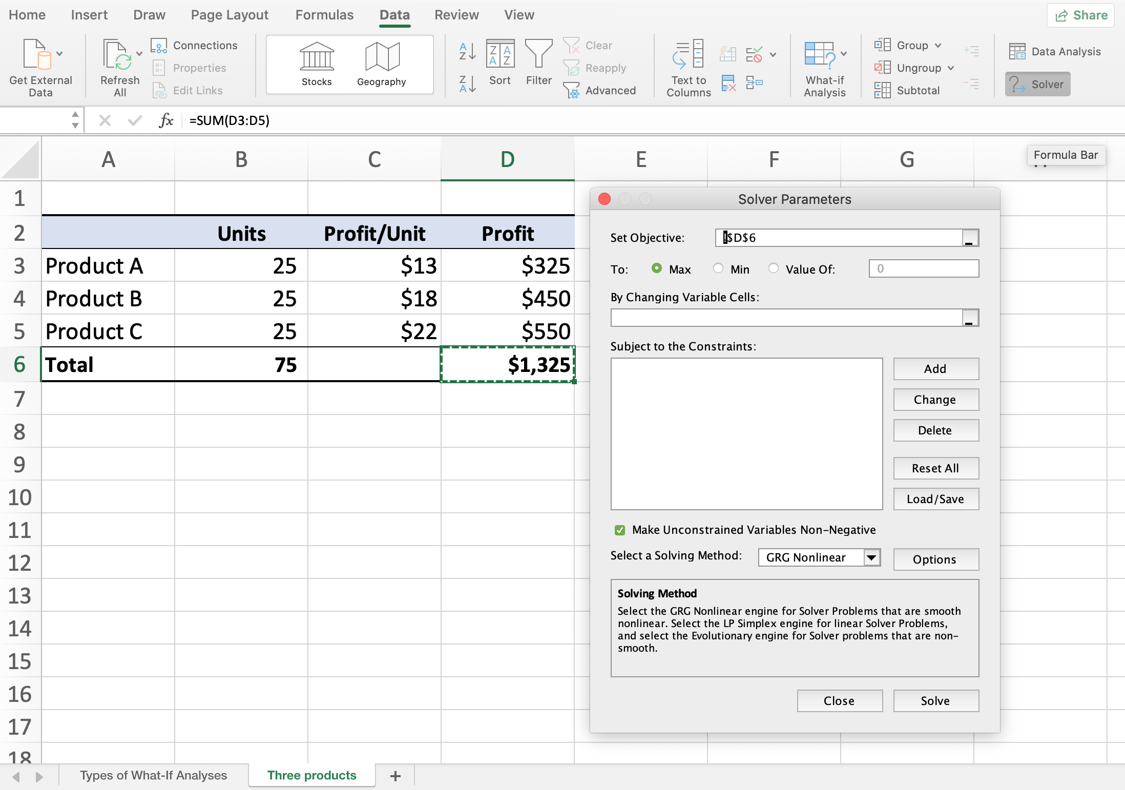 Data Analysis: Solver