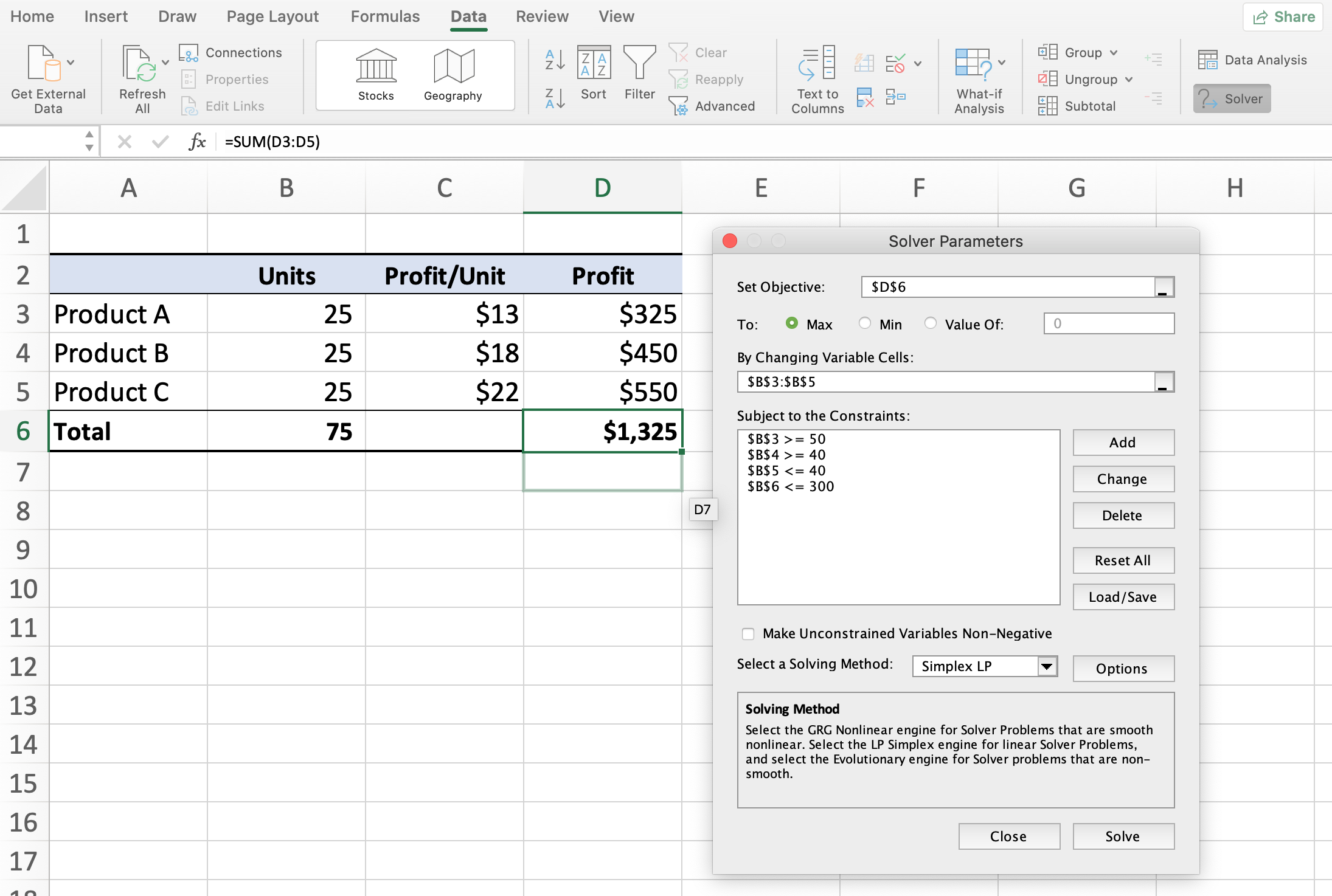 Data Analysis: Solver