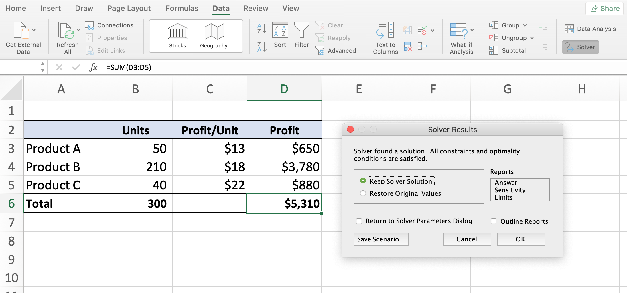 Data Analysis: Solver